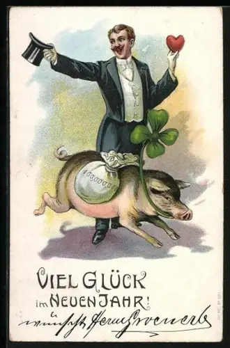Lithographie Herr mit Zylinder zeigt ein Herz, springendes Schwein mit Geldsack und Glücksklee, Neujahrsgruss