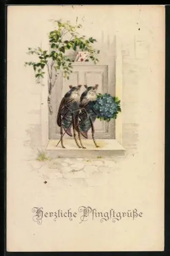 Künstler-AK Zwei Maikäfer mit Blumenstrauss vor der Tür