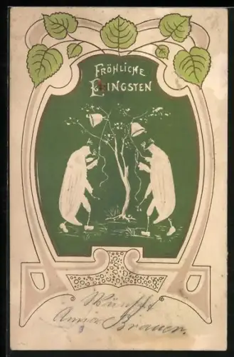 Präge-AK Zwei Maikäfer läuten Glöckchen an einem Baum, Ornament-Rahmen, Pfingstgruss
