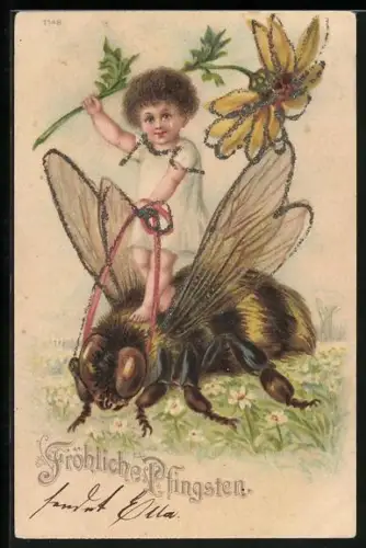 Lithographie Kleinkind mit Sonnenblume reitet auf einer Biene