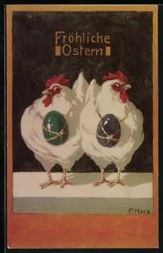 AK Zwei Hühner mit umgehängten Ostereiern, Ostergruss