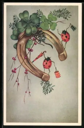 AK Zwei Marienkäfer mit Lampions und Schirm auf einem Hufeisen mit Glücksklee