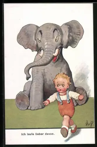 AK Ängstliches Kind läuft vor lachendem Elefant davon