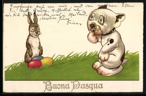 AK Bonzo staunt über Osterhasen mit bunten Eiern, Ostergruss