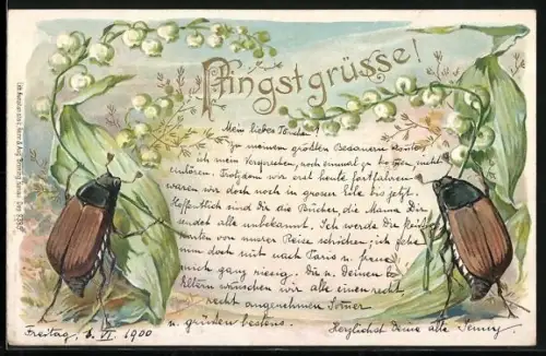 Präge-Lithographie Zwei Maikäfer mit Maiglöckchenstengeln, Pfingstgruss