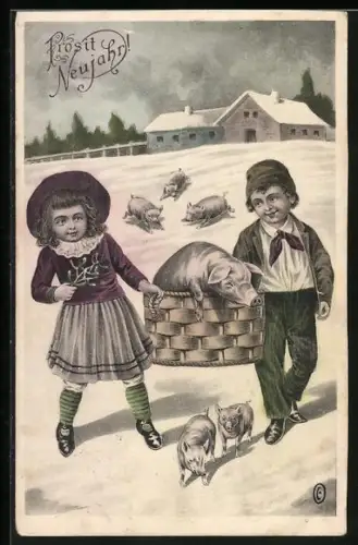 AK Kinderpaar mit Schwein und Ferkeln im Schnee, Neujahrsgruss