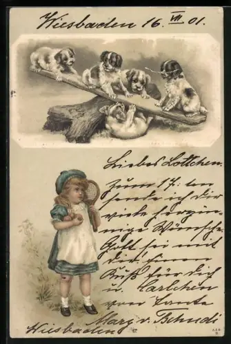 Lithographie Hundewelpen auf einer Wippe, Mädchen mit Bällen u. Schläger
