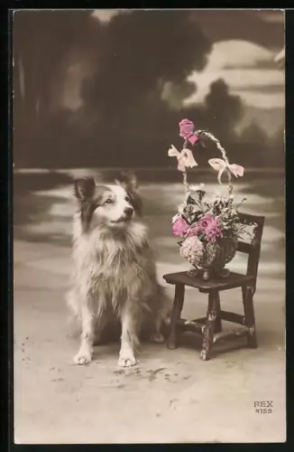 AK Spitz neben Stuhl mit Blumenkorb