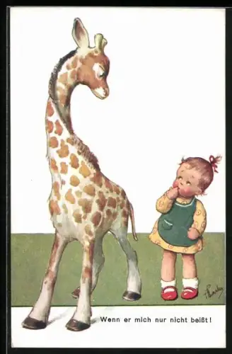 AK Kleines Mädchen blickt ängstlich zur Giraffe, Wenn er mich nur nicht beisst!