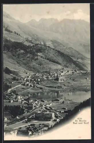 AK St. Moritz, Bad und Dorf aus der Vogelschau