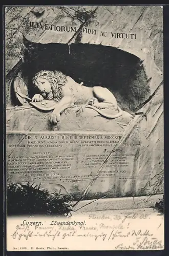 AK Luzern, Löwendenkmal mit Inschrift
