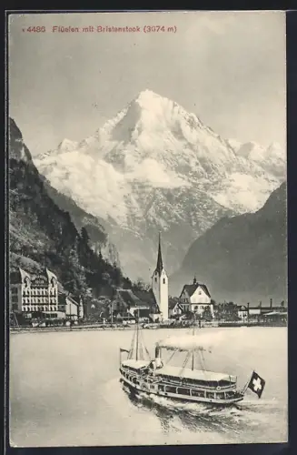 AK Flüelen, Ortsansicht mit Dampfschiff und Bristenstock