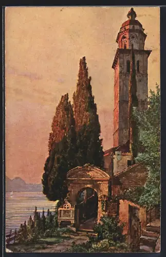 Künstler-AK Morcote /Lago di Lugano, Santa Maria del Sasso