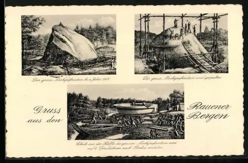 Künstler-AK Rauen / Mark, Grosser Markgrafenstein b. z. Jahre 1827, Markgrafenstein wird gespalten