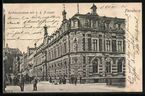 AK Flensburg, Rathausstrasse mit k. k. Postamt