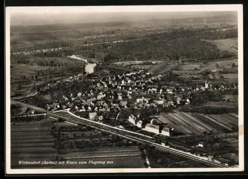 AK Wintersdorf / Rastatt, Teilansicht mit Rhein, Fliegeraufnahme
