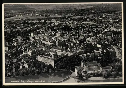 AK Dessau, Teilansicht mit Kirche, Fliegeraufnahme