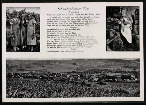 AK Schwabenheim, Teilansicht, Drei Frauen u. älterer Herr, Walzerlied Schwabenheimer Wein