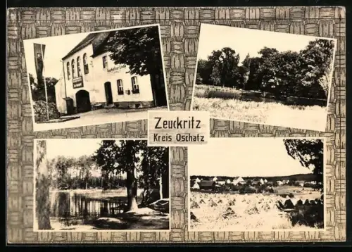 AK Zeuckritz /Kreis Oschatz, Gasthof zur Linde, Uferpartie, Ortspartie mit Heugarben