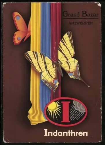 AK Reklame für Indanthrenfarbige Stoffe, Schmetterlinge und bunte Vorhänge