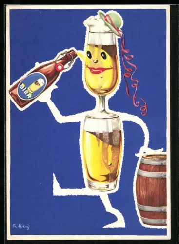 AK Figur aus Biergläsern trinkt Bier aus einer Flasche, Brauerei-Werbung