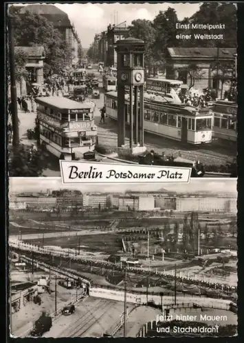 AK Berlin, Potsdamer Platz, Strassenbahn, hinter Mauer und Stacheldraht