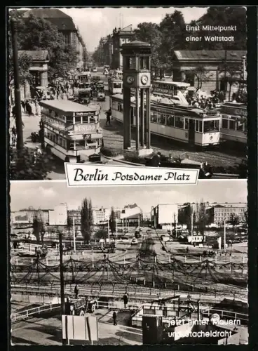 AK Berlin, Grenze am Potsdamer Platz, Strassenbahn, Stacheldraht