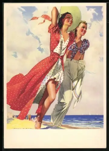 AK Reklame für Indanthrenfarbige Stoffe, Zwei hübsche Frauen am Wasser