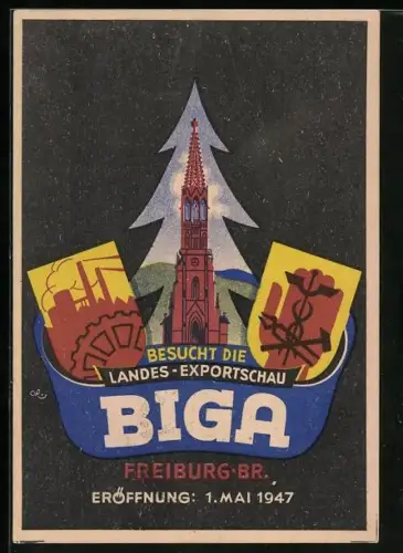 AK Freiburg, Landes-Exportschau BIGA 1947, Wappen der Industrie & des Handwerks, Münster