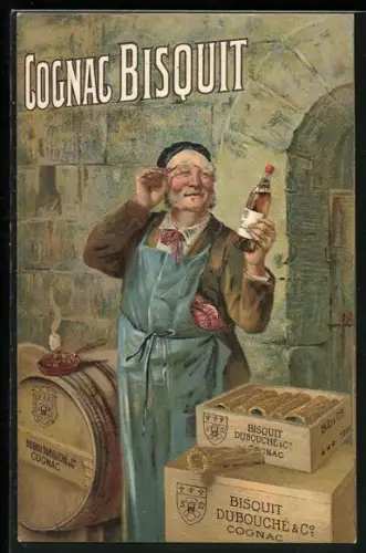 AK Cognac Bisquit, Mann steht in einem Lagerkeller und begutachtet eine Flasche Cognac