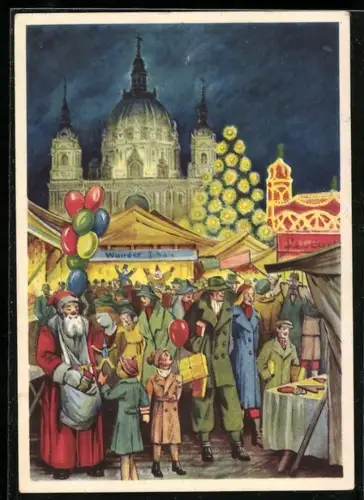 AK Berlin, Weihnachtsmann beschenkt Kinder auf dem Weihnachtsmarkt im Lustgarten