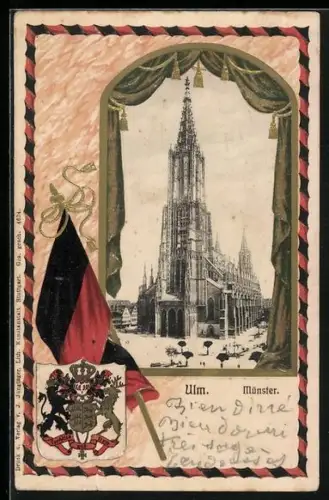 Passepartout-Lithographie Ulm / Donau, Münster, Wappen und Fahne