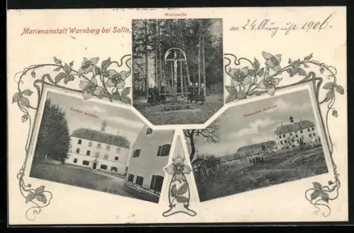 AK München-Solln, Ansichten der Marienanstalt, Waldpartie mit Wegkreuz