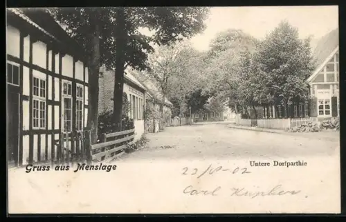 AK Menslage, Untere Dorfpartie mit alten Häusern