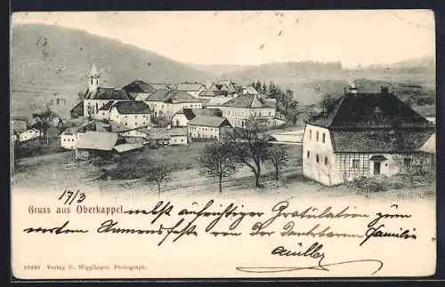 AK Oberkappel, Gesamtansicht mit Bahnschienen und Bergpanorama