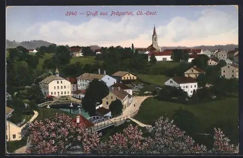 AK Prägarten, Panoramablick auf die Ortschaft