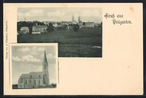 AK Prägarten, Ortspanorama von einem Feld aus, Kirche