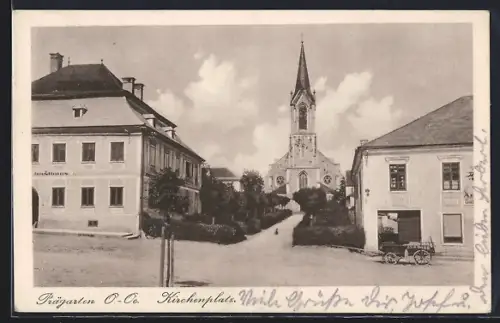 AK Prägarten /O.-Ö., Kirchenplatz mit Gasthaus, Anlagen und Kirche
