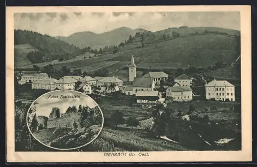 AK Pierbach /O.-Ö., Gesamtansicht mit Bergpanorama, Ruine Ruttenstein