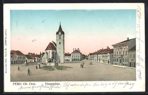 AK Perg /O.-Ö., Hauptplatz mit Kirche, Denkmal, Brunnen und Blick in die Strasse