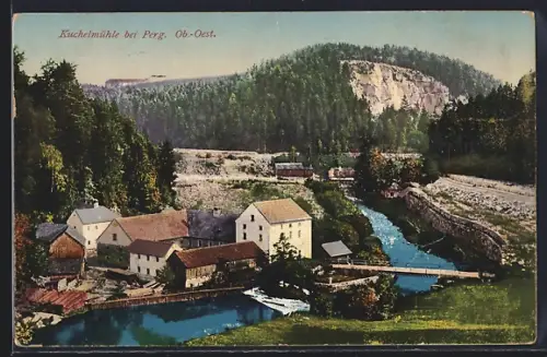 AK Kuchelmühle bei Perg, Ortsansicht mit Brücke und Bergblick aus der Vogelschau
