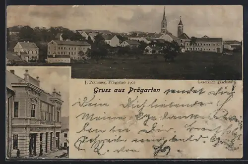 AK Prägarten, Geschäftshaus mit Foto-Atelier, Ortspanorama, 1902