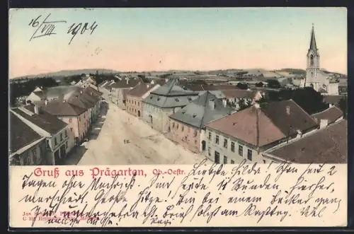 AK Prägarten /O.-Ö., Totalansicht mit Strasse u. Kirche aus der Vogelschau