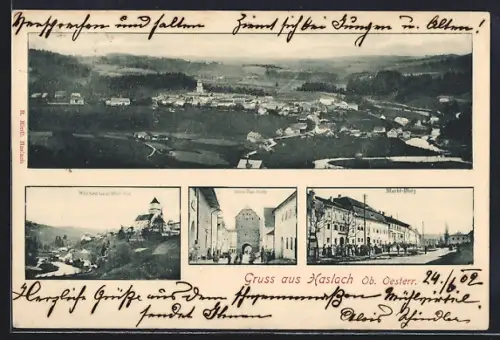 AK Haslach /O.-Ö., Markt-Platz, Untere Thor Gasse, Gesamtansicht aus der Vogelschau