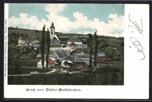 AK Nieder-Waldkirchen, Gesamtansicht mit Feldern aus der Vogelschau