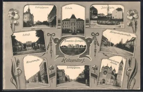 AK Wien-Hetzendorf, Schlöglgasse, Hetzendorferstrasse, Schule, Hauptstrasse und Beamten-Cottage