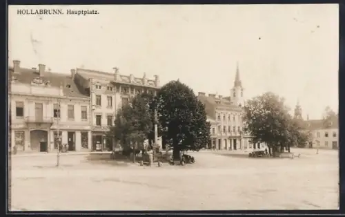 AK Hollabrunn, Hauptplatz mit Geschäft von Oskar Skutezky