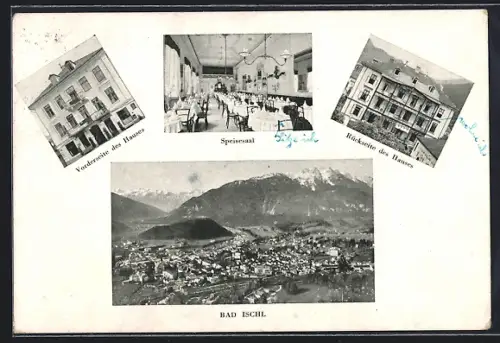 AK Bad Ischl, Hotel Franz Karl Vorder- und Rückseite, Speisesaal, Panorama