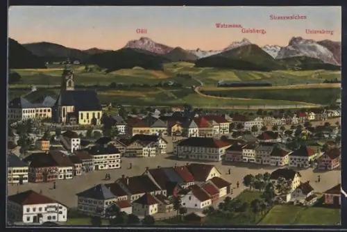 AK Strasswalchen, Ortsansicht mit Göll, Gaisberg und Untersberg