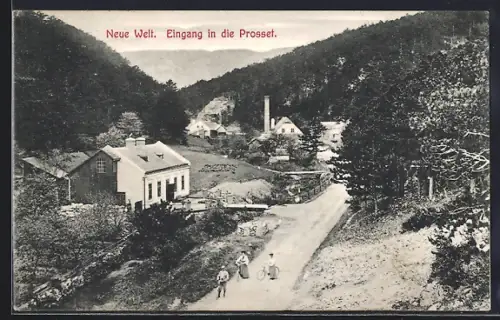 AK Winzendorf /Hohe Wand, Neue Welt, Eingang in die Prosset u. Radfahrer
